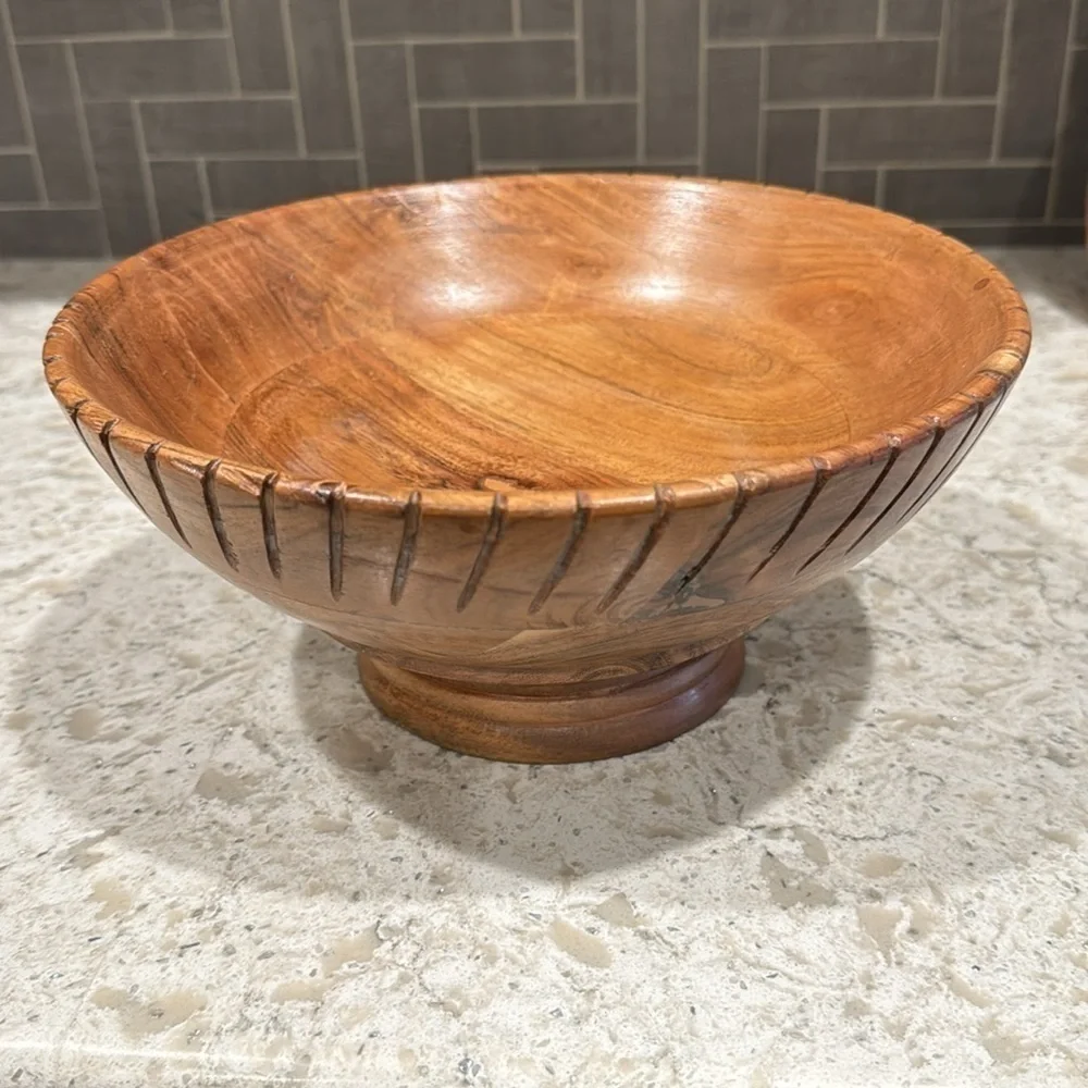 HANDCRAFTED~WOODEN BOWL WITH PEDESTAL~USE FOR FRUIT~FLOWERS~MADE IN INDIA~G222